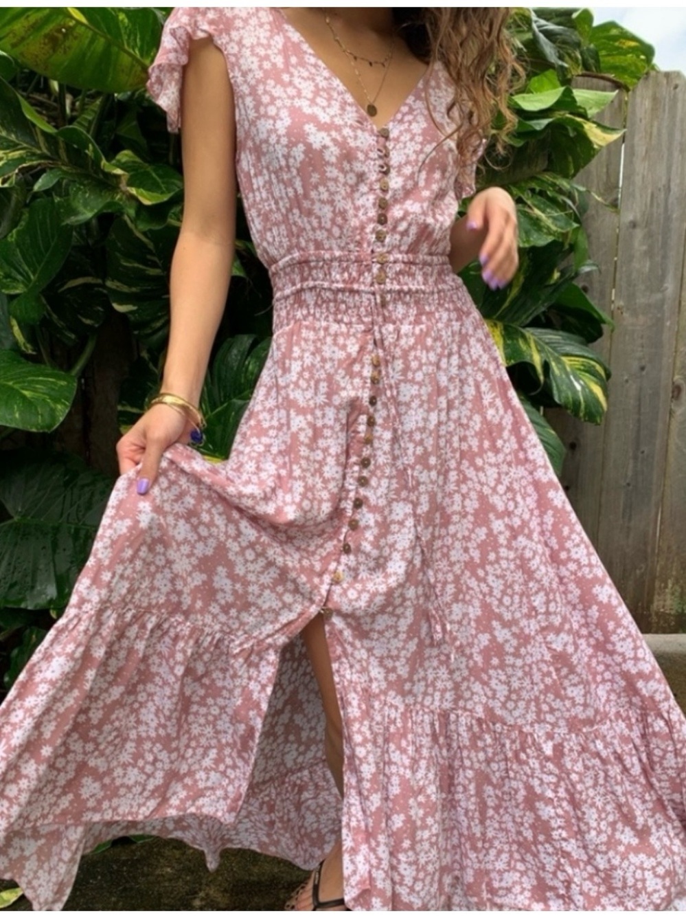 Tiare Hawaii Pink Floral V-Neck Button-Front Maxi Dress
